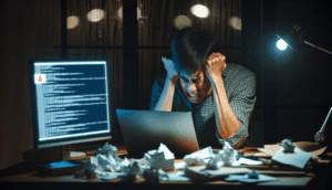 A frustrated Thai user at night struggles with a laptop error, surrounded by a messy modern desk.