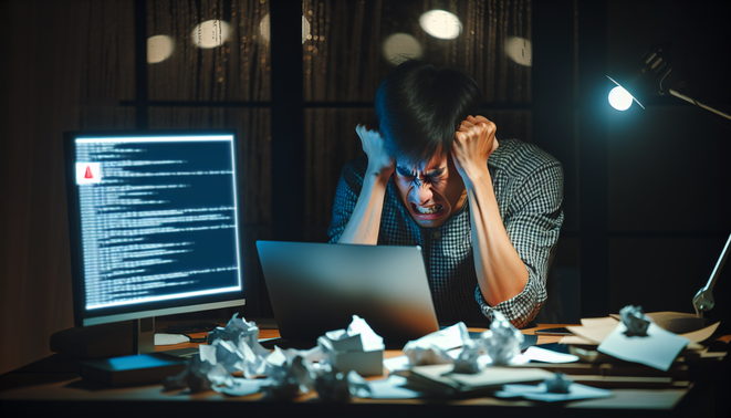 A frustrated Thai user at night struggles with a laptop error, surrounded by a messy modern desk.