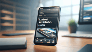 alt_text: รูปภาพแสดงโทรศัพท์มือถือที่มีหน้าจอ 'ลิงก์ AMBturbo ล่าสุด' บนโต๊ะทำงานทันสมัย