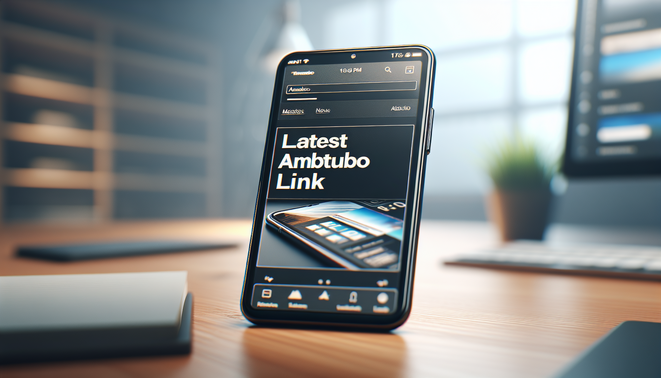 alt_text: รูปภาพแสดงโทรศัพท์มือถือที่มีหน้าจอ 'ลิงก์ AMBturbo ล่าสุด' บนโต๊ะทำงานทันสมัย