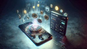 alt_text: A sleek ambturbo wallet alongside a smartphone, showcasing the app and floating crypto tokens.