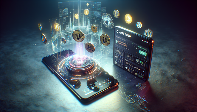 alt_text: A sleek ambturbo wallet alongside a smartphone, showcasing the app and floating crypto tokens.