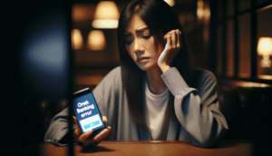 alt_text: Frustrated young Thai person at a table, holding a phone with a banking error in dim lighting.