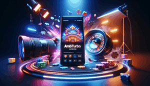 Photorealistic cover image for "ambturbo เว็บตรง": smartphone, casino elements, dynamic lighting.