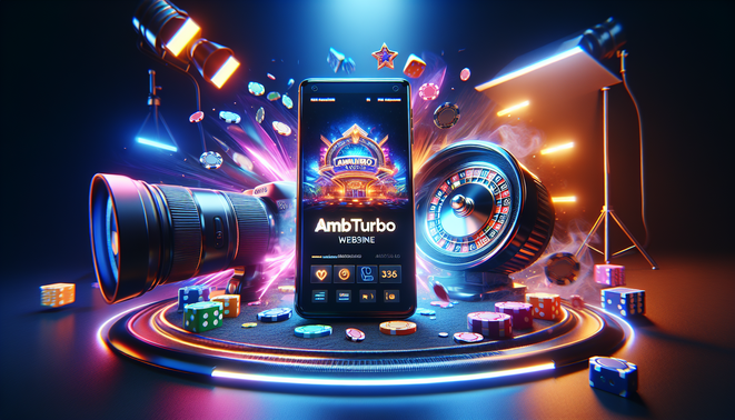 Photorealistic cover image for "ambturbo เว็บตรง": smartphone, casino elements, dynamic lighting.