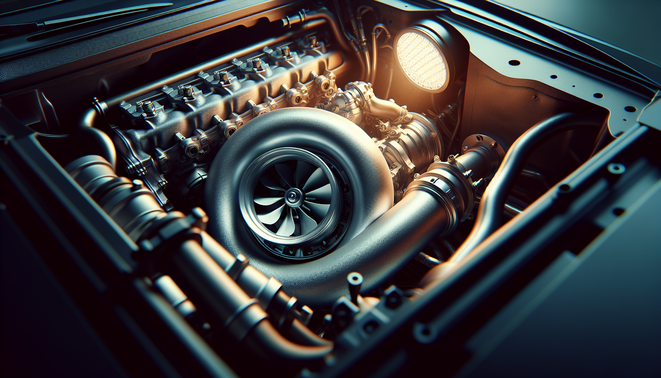 Photorealistic turbocharger in a sports car engine bay, showcasing exquisite details and cinematic lighting.