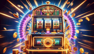 Alt text: Realistic slot machine cover featuring "ambturbo" logo, gold reels, coins, and vibrant lighting.