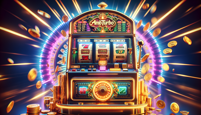 Alt text: Realistic slot machine cover featuring "ambturbo" logo, gold reels, coins, and vibrant lighting.