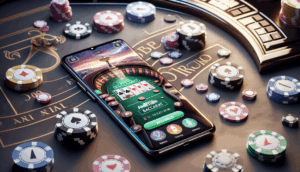 "Photorealistic baccarat scene featuring a luxury table, chips, cards, and the ambturbo app on a smartphone."
