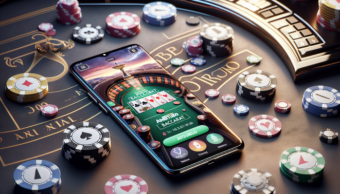 "Photorealistic baccarat scene featuring a luxury table, chips, cards, and the ambturbo app on a smartphone."