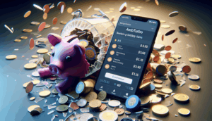A smartphone reveals alleged betting claims linked to "ambturbo," amidst a broken piggy bank and coins.