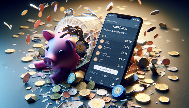 A smartphone reveals alleged betting claims linked to "ambturbo," amidst a broken piggy bank and coins.