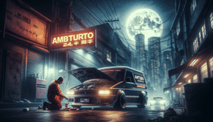 alt_text: Nighttime urban scene showing a mechanic working on a car with an 'ambturbo 24 ชม' service van.