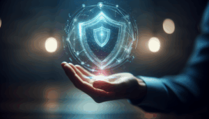 Cover image for "ambturbo ปลอดภัย": a hand with a holographic shield, reflecting security and trust.