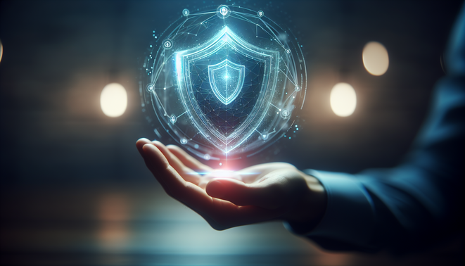 Cover image for "ambturbo ปลอดภัย": a hand with a holographic shield, reflecting security and trust.