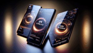 Three photorealistic cover designs for "ambturbo APK download," showcasing smartphones and modern tech.