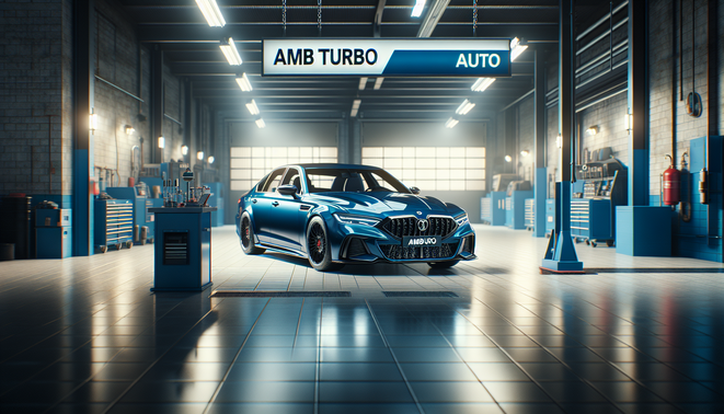 alt_text: A sleek blue turbocharged sedan in a polished garage, dramatic lighting, and an 'ambturbo auto' sign.