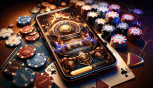 alt_text: A luxurious casino-themed cover with chips, playing cards, and a sleek smartphone display.