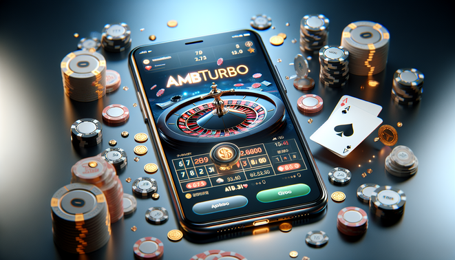 A modern smartphone displays "ambturbo ฟรีสปิน" with coins and casino elements, set in an elegant backdrop.