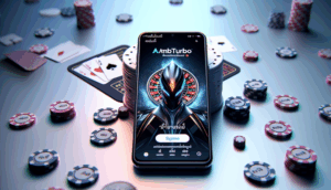 alt_text: Sleek smartphone showcasing AMBTURBO app, with vibrant Thai headline and casino elements.
