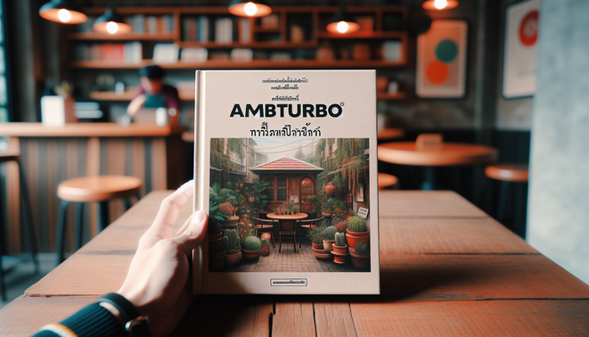 alt_text: A photorealistic book cover featuring "ambturbo พันทิป" in a cozy Thai café setting.