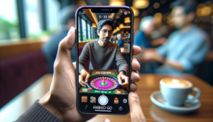 alt_text: Close-up of an adult with an iPhone, showcasing vibrant "ambgogo" casino app in a cafe setting.