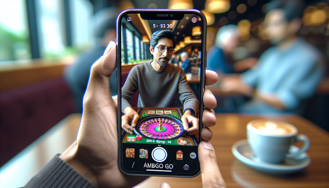 alt_text: Close-up of an adult with an iPhone, showcasing vibrant "ambgogo" casino app in a cafe setting.