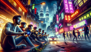 alt_text: Cinematic cover for "ambgogo เกมใหม่ล่าสุด": Gamers with controllers in neon-lit city at night.