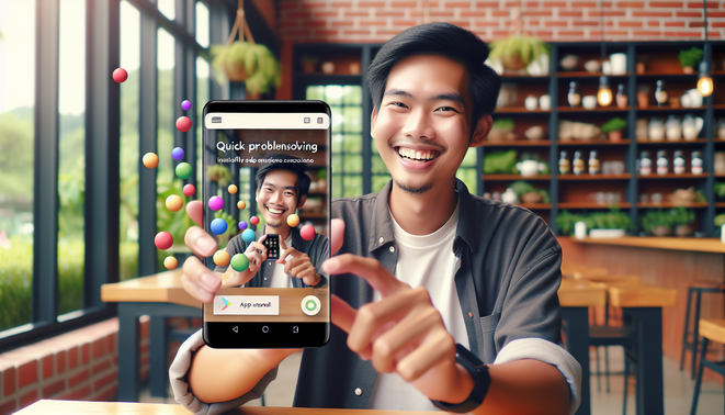 A smiling Thai person holds an Android phone displaying an app tutorial in a cozy café setting.
