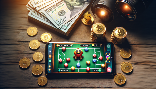 alt_text: ภาพปกเรียลลิสติกแสดงเทคนิคเล่นเกม ambgogo มือถือ พร้อมเหรียญและบันทึกในบรรยากาศอบอุ่น