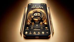 Photorealistic mobile casino promo image featuring a sleek app UI, Thai text, and gold accents.
