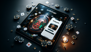 alt_text: Photorealistic cover for ambgogo, showcasing app on devices with casino elements, dark luxe background.