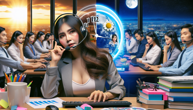 A Thai customer service agent at a desk, questioning 24/7 service, against a day/night backdrop.